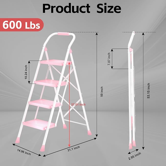 Step Ladder Foldable Folding Stool - for Home Adults Kitchen 4 Stepping Extension Tall Heavy Duty with Handrails - Closet Stepstool Stair Ladders Extendable Stepladder for Indoor House 600Lbs