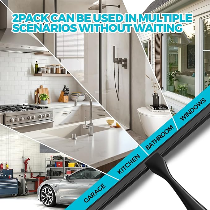ALFLOD 2PACK All-Purpose Shower Squeegee for Shower Doors, Bath Linen Sets, Tile Shower Walls, Bathroom, Window, Glass and Car Windshield, Mirrors and Kitchen-Stainless Steel, 11.8-Inch Black