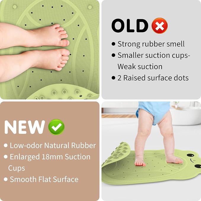 Upgraded Kids Bathtub Mat Non Slip, Low-Odor Natural Rubber Bath Mat with Strong 18mm Suction Cups, Flat Non-Slip Surface, 30"x18" Cute Frog Design, Shower Mat Fast Draining for Smooth Tubs, Green