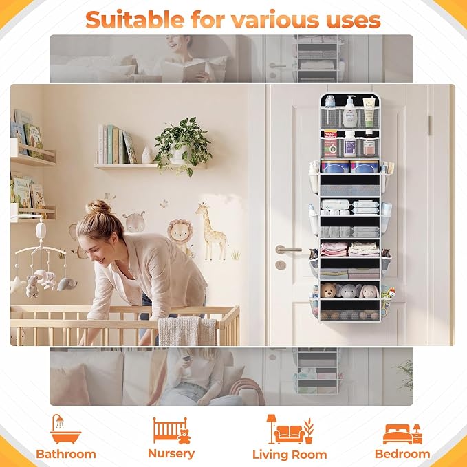 SpaceHacks 6-Tier Over the Door Organizer with Mesh Pockets, Baby Nursery Storage for Closet, Bathroom and Bedroom, Adjustable Hanging Closet Organizer for Cosmetics, Books and Essentials (Black)
