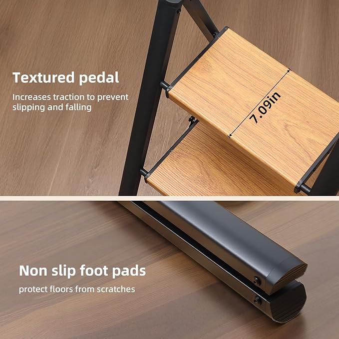 SOLADDER 2 Step Ladder, Anti-Slip and Lightweight Foldable Step Stool for Adults to Use in Kitchen, Closet and Library, 300lbs(Black&Woodgrain)