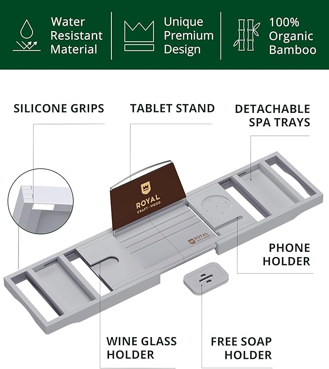 ROYAL CRAFT WOOD Premium Foldable Bathtub Tray Caddy - Wood Bath Tray for Tub, Bamboo Shelf, Expandable Bath Table Trays, Bathtub & Bathroom Accessories for New Home & Mothers, Birthday Gifts for Mom