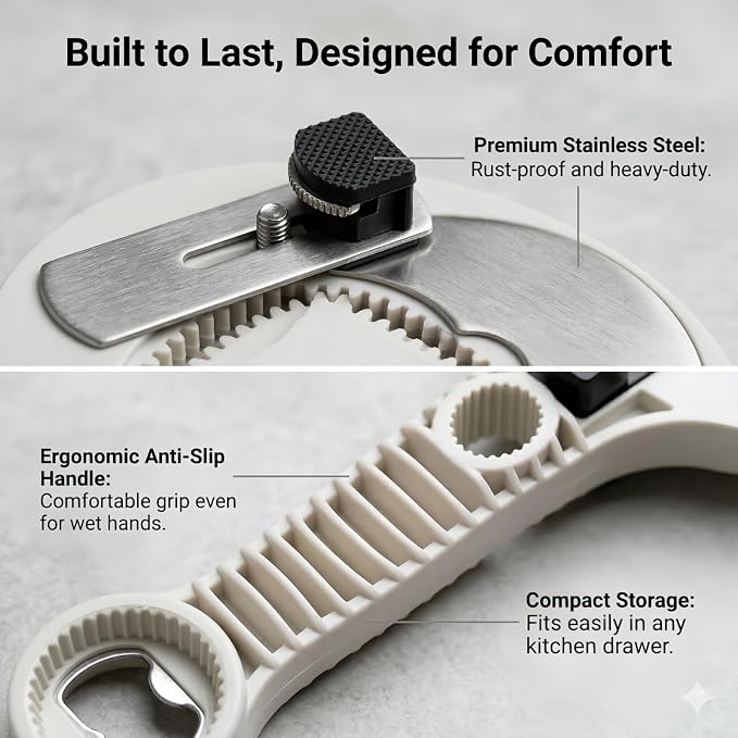 4-in-1 Multifunctional Can Opener & Jar Opener for Seniors - Non-Slip Bottle Opener with Adjustable Stainless Steel Lid Remover, Effortless Opening for Weak Hands, Compact Design for Kitchen (Black)