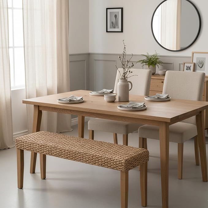 Indoor Bench Wicker for Entryway Bench, Wood Bench for Living Room Dining Bench or End of Bed Bench, 47" Boho Bench with Solid Wood Acacia & Natural Woven Seat, Rustic Farmhouse Rattan Hallway Bench