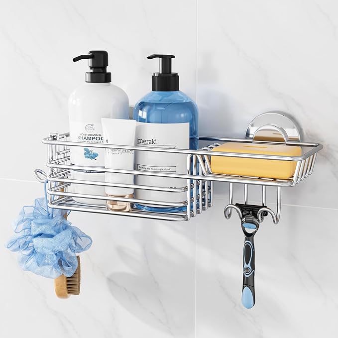 TAILI Shower Caddy with Suction Cups, Wall Mounted Organizer for Small Bathrooms, Kitchen, Removable Drill-Free Heavy Duty Shelf Basket, Silver