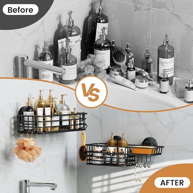 LEVERLOC Shower Caddy Suction Cup, 2 Pack suction shower shelf with Hooks & Soap holder, NO-Drilling Bathroom Holder, Rustproof bathroom organizer, Black