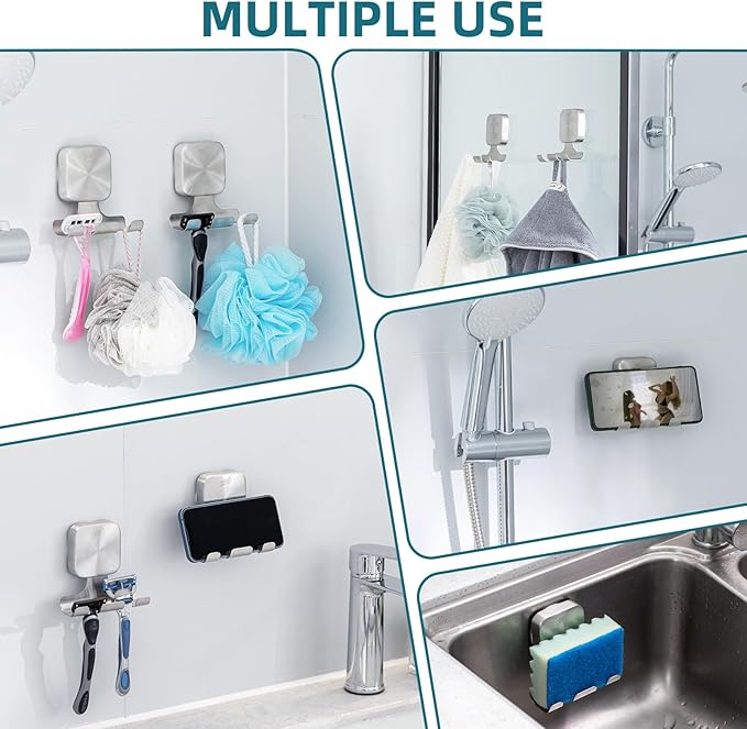 TAILI Powerful Suction Cup Razor Holder 2 Pack, Stylish 304 Stainless Steel Bathroom Suction Hooks for Towel, Loofah, Bathrobe, Shaver Holder for Shower Wall, Easy to Install and Reuse, Silver