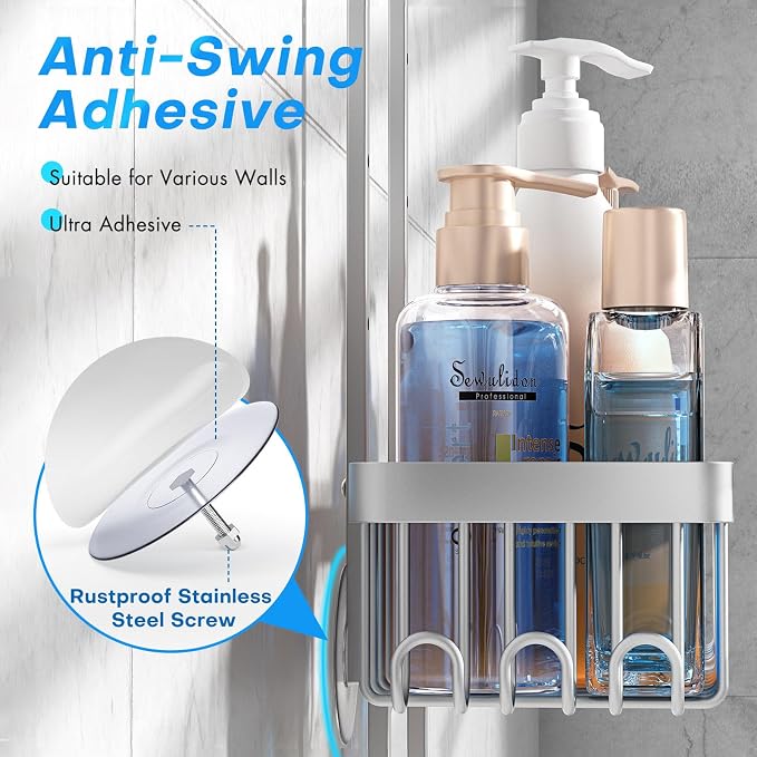 Sewulidon Aluminum Alloy Hanging Shower Caddy for Handheld Shower Heads,Rustproof Hose Shower Organizer 4 Levels Height Adjustable Shower Rack with Hooks,Razor Holder,Soap Holder