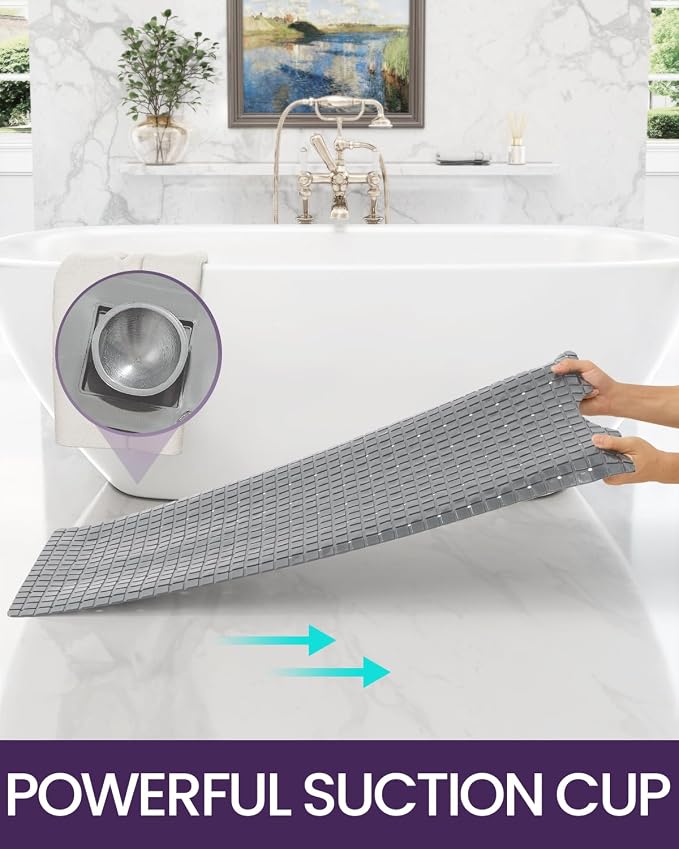 DEXI Bathtub Mat Non Slip, Extra Long 39x16, Suction Cups, Drain Holes, Machine Washable for Tub Shower Floor, Grey