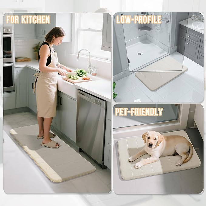 Yimobra 3 Pieces Memory Foam Bath Mat Set with U-Shaped Toilet Rug - Non Slip Super Soft Absorbent Quick Dry Bathroom Rugs for Bathtub, Vanity & Toilet Base, Cream White