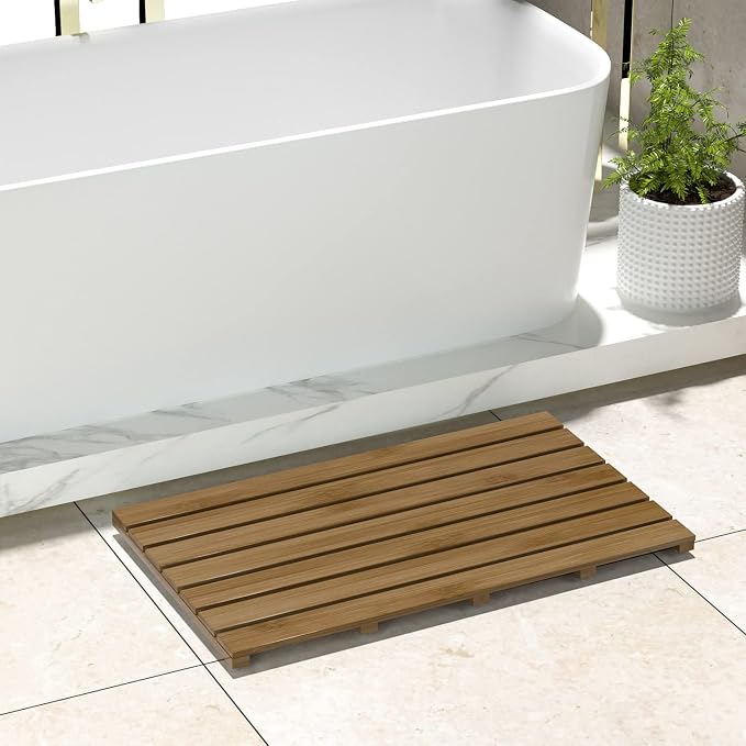 Bamboo Wooden Bath Floor Mat for Luxury Shower - Non-Slip Bathroom Waterproof Carpet for Indoor or Outdoor Use (Walnut,31.3 x 18.1 x 1.5 Inches)