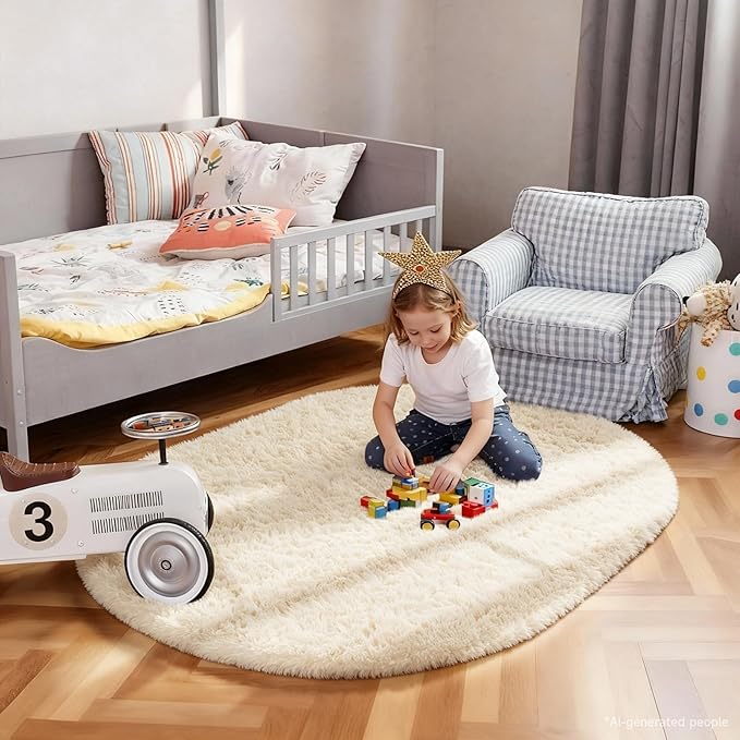 Ophanie 3x5 Oval Ivory Rugs for Bedroom Living Room, Fluffy Fuzzy Furry Carpet, Plush Soft Shaggy Bedside Indoor Floor Area Rug for Kids Girls Boys Baby Teen Dorm Nursery Home Decor Aesthetic