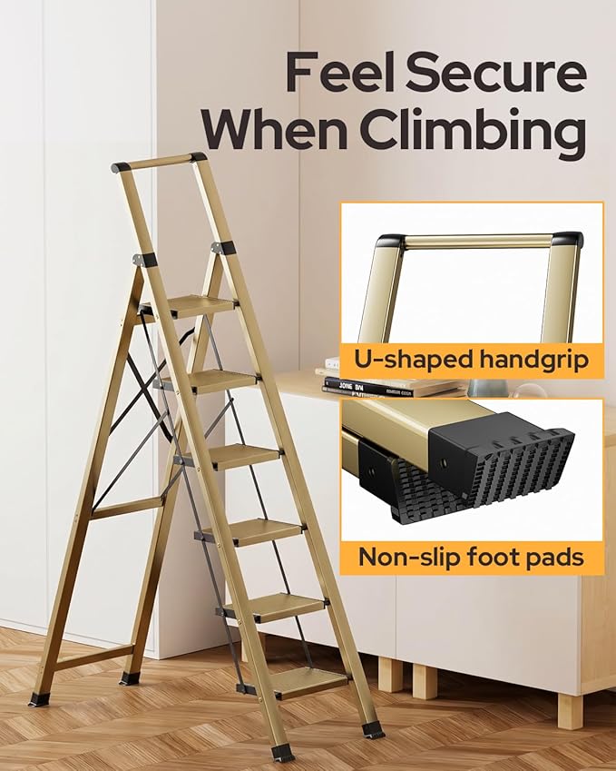 6 Step Ladder for 12 Feet High Ceiling, Lightweight Aluminum Folding Step Stool with Convenient Handgrip, Stepladders with Anti-Slip and Wide Pedal for Home Use Space Saving - Gold