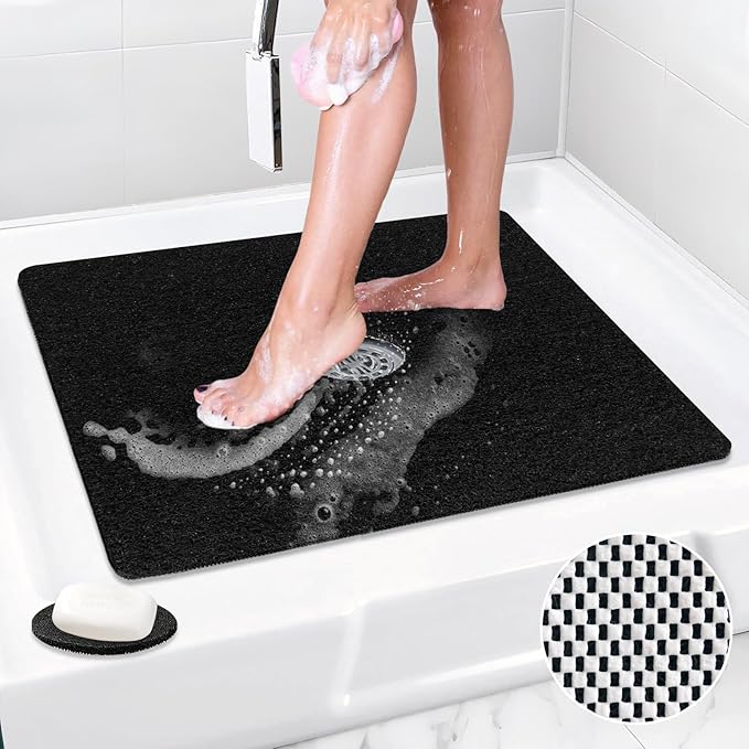 Shower Mat Non Slip: 24 x 24 Inch Square Shower Mats with Drain Hole in Middle - Soft Loofah Quick Drying Matt for Shower Stall