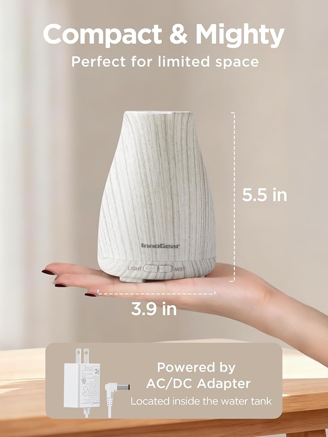 InnoGear Essential Oil Diffuser, Ultrasonic Diffusers for Home Aromatherapy Humidifier for Bedroom Room 7 Colors LED 2 Mist Mode Auto Off, White Grey