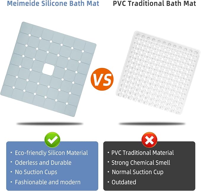 Shower Mat Non Slip Silicone Soft Odorless Bathtub Mat Non Slip No Suction Cups for Refinished,Reglazed and Textured Bath Tub Mat 24 X 24 Inch Grey
