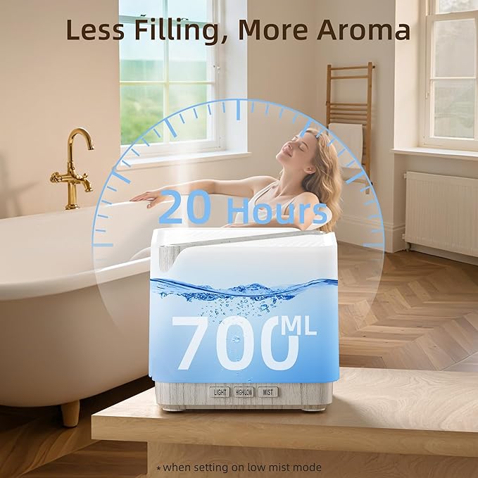 ASAKUKI Essential Oil Diffuser for Home, Large 700 ml Humidifier with Automatic Shut-Off, Quiet Aromatherapy Diffuser with 7 LED Lights for Living Room, Kitchen, Bedroom, Hotel - White