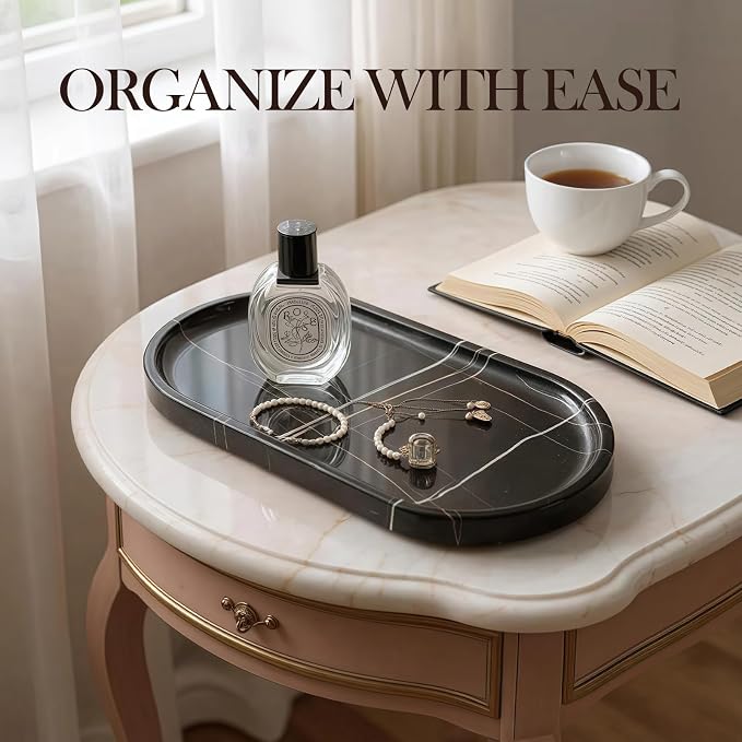 Koville Natural Black Marble Tray, 12"x6" Decorative Tray for Countertop, Catchall for Perfume, Candles, Jewelry Dish