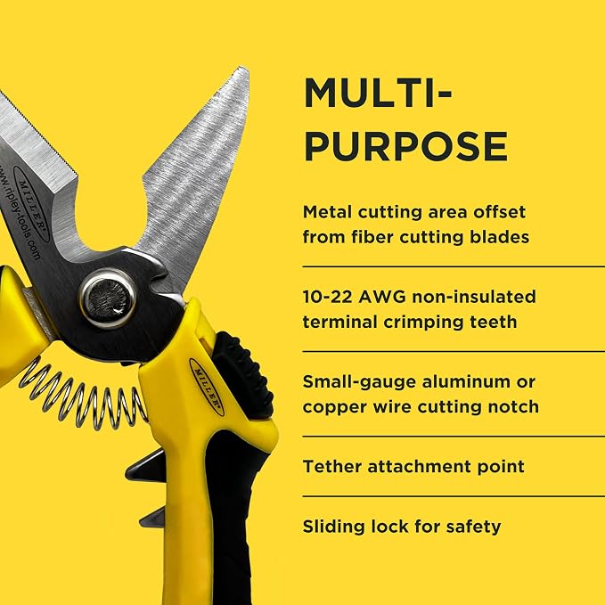 Miller KS‑3 Angle‑Head Kevlar Scissors & Cable Cutter – Fiber Optic Shears with Crimper, Micro‑Serrated Stainless Steel Blades, Cuts Copper & Aluminum Wire