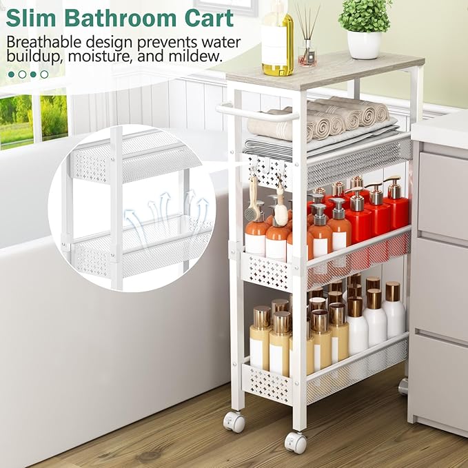Vivihomety Utility Slim Storage Cart, 4 Tier Small Rolling Kitchen Laundry Room Cart with Wood Top, Metal Bathroom Storage Cabinet Mobile Shelf Unit Organizer Trolley with Handle for Narrow Space