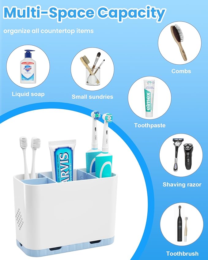 Toothbrush and Toothpaste Holders for Bathrooms Countertop - Detachable 5 Slots Kids Electric Toothbrush Holders Set Wall Mounted with Removable Dividers for Bathroom Decor and Accessories Organizer