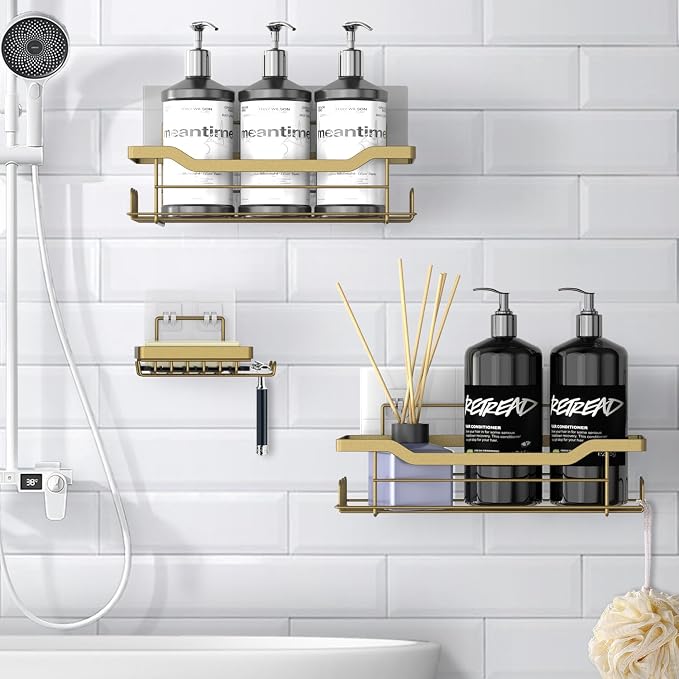 Shower Caddy Shelves Organizer Rack, 3 Pack Shower Caddy with Soap Holder,No Drilling Wall Mounted Self Adhesive Shower Shelves for Inside Shower,Matte Gold