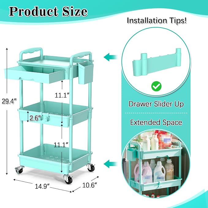 SUNALLY 3-Tier Rolling Cart with Drawer & Lockable Wheels, Bathroom Storage Organizer Multifunctional Rolling Storage Cart for Bathroom, Kitchen, Office, Craft, Makeup, Baby Essentials, Blue