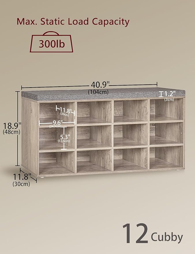 DINZI LVJ Shoe Storage Bench with Cushion, Cubby Rack with 12 Cubbies, Adjustable Shelves, Multifunctional Organizer Bench for Entryway, Mudroom, Hallway, Closet and Garage, Greige