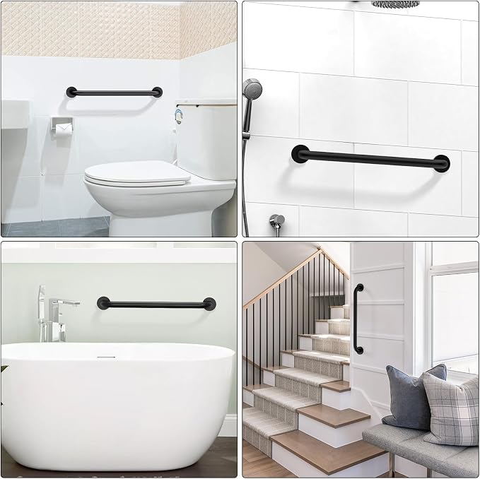 24 Inch Bathroom Grab Bar, ZUEXT Matte Black Safety Handrail for Shower Toilet Bathtub, Wall-Mounted Stainless Steel Handicap Grab Rail for Seniors Disabled Bath Safety Support (1.25" Diameter)