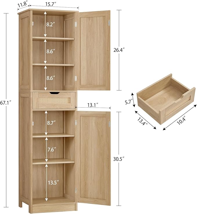 TEENFON 67" H Tall Storage Cabinet with 2 Rattan Doors and 1 Drawer, Narrow Rattan Cabinet with Adjustable Shelves, for Living Room, Entryway, Kitchen, Natural