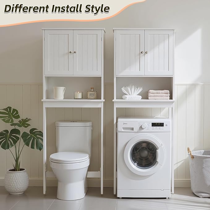 Over The Toilet Storage Cabinet, Behind Toilet Bathroom Organizer with Adjustable Shelves, Above Toilet Organizers with Barn Door, Space Saver for Restroom, Bathroom, Laundry