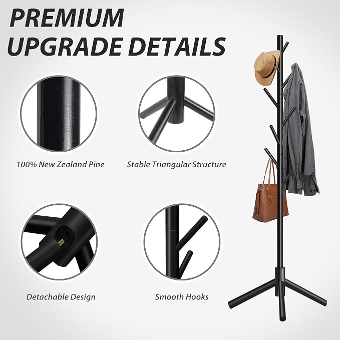 Unisakey Durable Wooden Coat Rack, Freestanding Coat Rack with Stable Triangular Base, 8 Hooks & 3 Adjustable Heights, Simple Assembly for Bedroom, Hallway, Office(New Black)