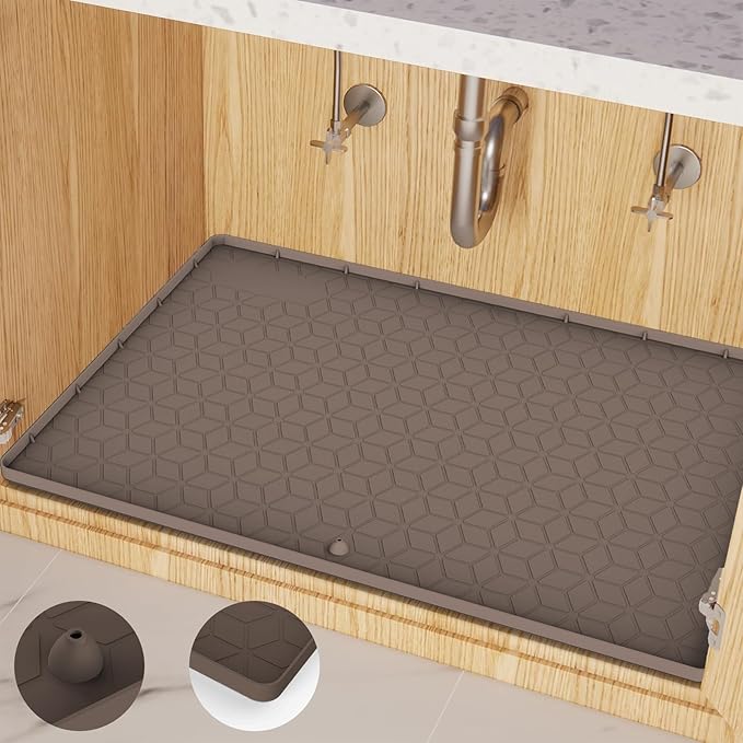 Under Sink Mat for Kitchen Silicone Waterproof Under Sink Liner, Flexible Sink Cabinet Organizer Tray with Drain Hole, Hold up to 3.3 Gallons Liquid, Easy to Clean (Brown, 28X19)
