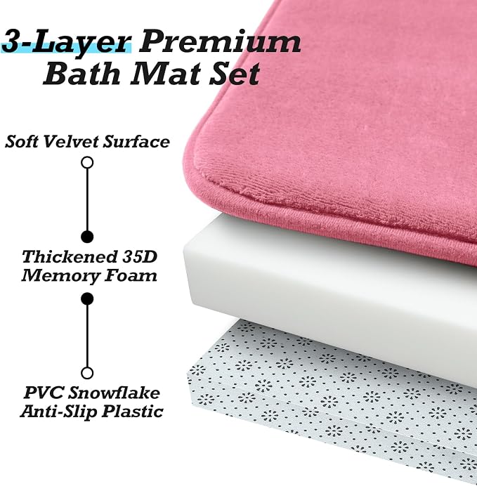 HUXMEYSON Bathroom Rugs Sets 3 Piece, Non-Slip & Quick Dry Bath Mat Set, Ultra Soft Velvet Bath Rugs for Bathroom, Toilet and Shower Floor, Pink