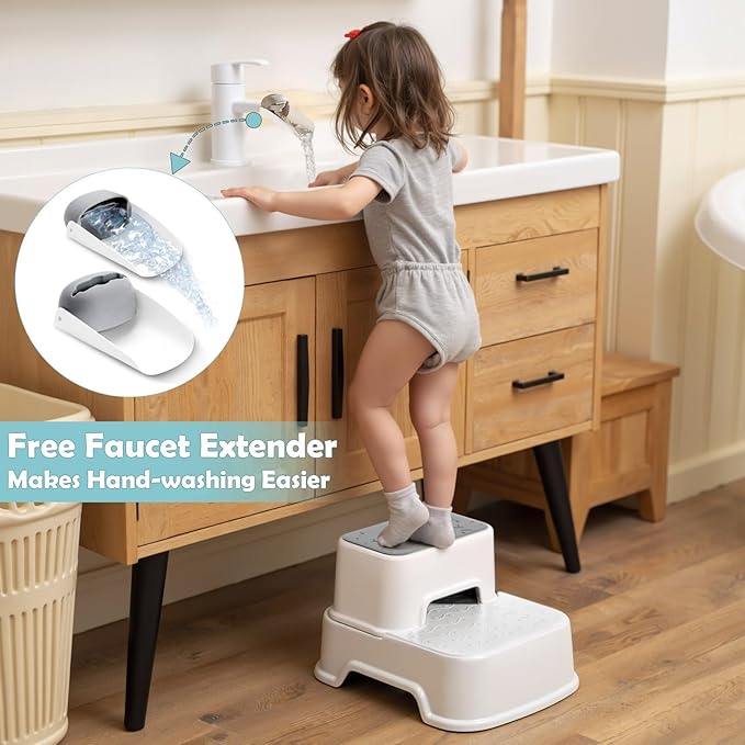 2 Step Toddler Step Stool, Non-Slip Multifunctional Kids Step Stool for Bathroom Sink & Toilet Potty Training,Supports Up to 220 lbs (2 Packs, White)
