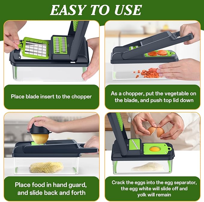 HomeHacks Vegetable Chopper Vegetable Cutter, 15 in 1 Kitchen Gadget, Dicer, Slicer, Onion Cutter, Salad, Cheese Grater & Egg Separator - Multi-Functional Veggie Chopper Lid with Handle (Green)