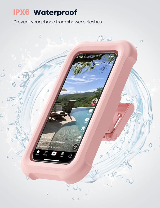 Lamicall Waterproof Shower Phone Holder - Shower Bathroom Bath Cellphone Accessories for Women Girls, Christmas iPhone Accessories Case Wall Mount Stand, Gift Gadget for 4-7" Phones, Pink