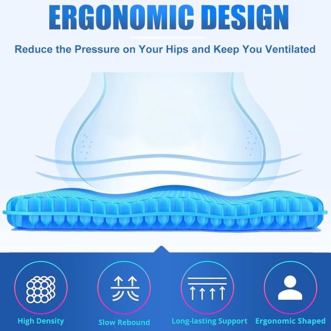 20" Gel Seat Cushion for Long Sitting Pressure Relief(Jumbo&Thick) - Wheelchair Cushion for Pressure Sores - Back, Sciatica & Tailbone Pain Relief Cushion- Non-Slip Butt Pillow for Office, Home, Car