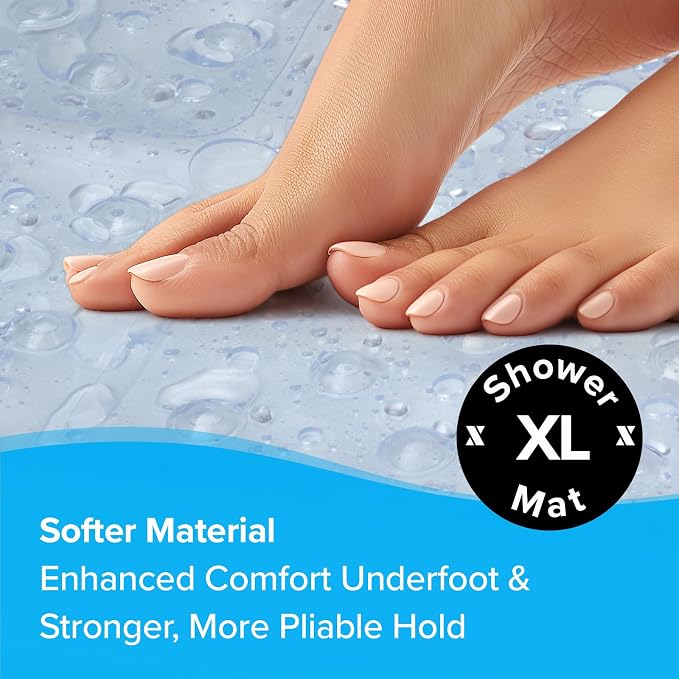 SlipX Solutions 27" Oversize Square Shower Mat, Non-Slip Mat for Elderly & Kids, 100+ Power Grip Suction Cups for Smooth Surfaces, Machine Washable, Clear