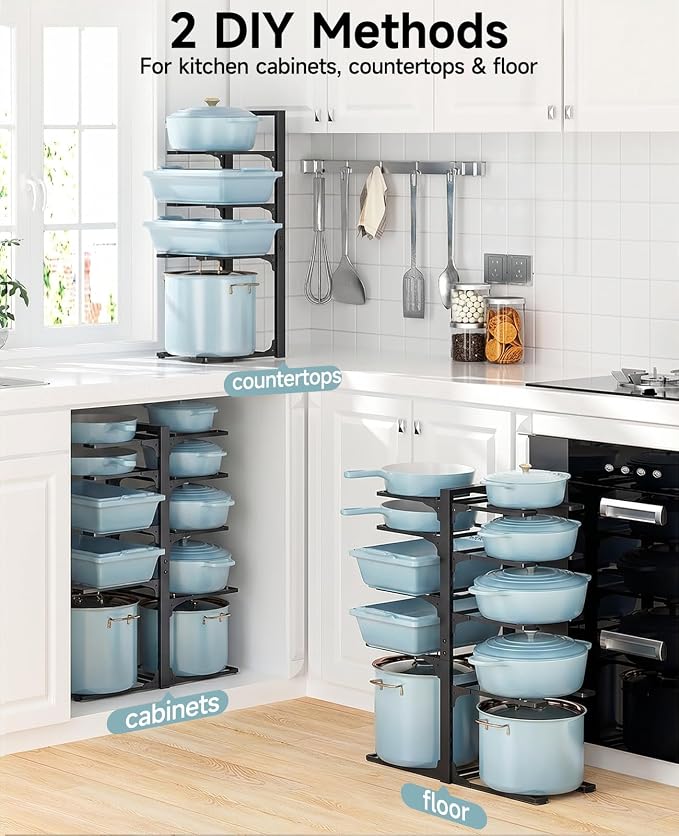 MUDEELA Pots and Pans Organizer Rack under Cabinet 23.62" Height, 10-Tier Adjustable Heavy Duty Pot and Pan Organizer Rack inside Cabinet for Kitchen Organizer Cast-iron Pans, Heavy Cookware