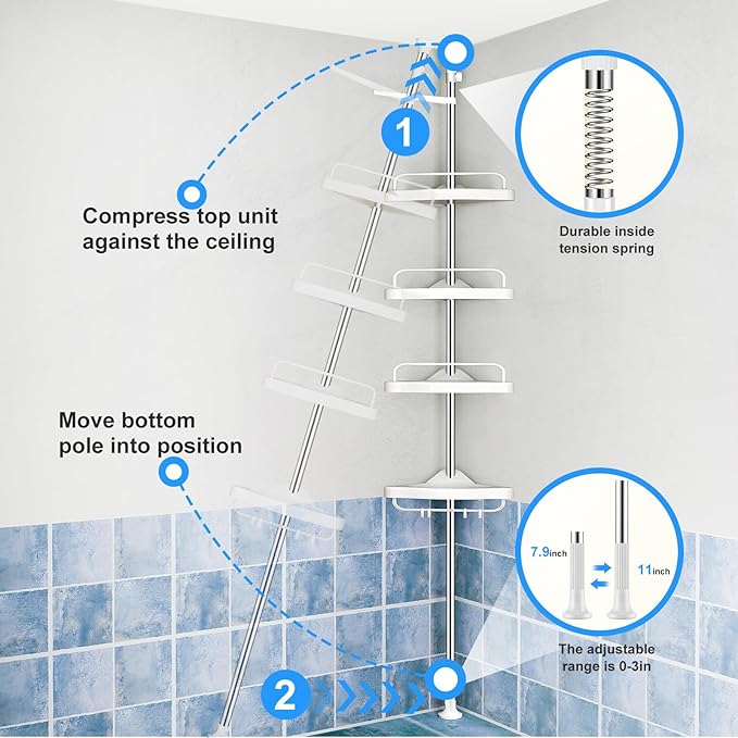 HAMITOR Corner Shower Caddy Tension Pole: Adjustable Stainless Steel Shower Organizer with 4 Tier Shelf for Bathroom Bathtub Tub Shampoo - Floor Standing Rack Bath Storage Holder with Rust Proof Rods