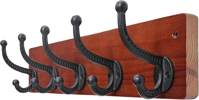 WEBI Rustic Coat Rack Wall Mount,5 Cast Iron Coat Hooks Wall Mounted,Heavy Duty Wood Wall Coat Hanger Hooks for Hanging Coats,Jacket,Clothes,Backpack,Farmhouse,Cherry