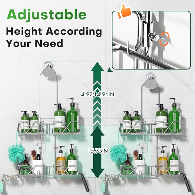 Sewulidon Stainless Steel Shower Caddy Hanging for Handheld Shower Heads,Rustproof Hose Shower Organizer Adjustable Length Shower Rack with 24 Hooks,Razor Holder,Soap Holder