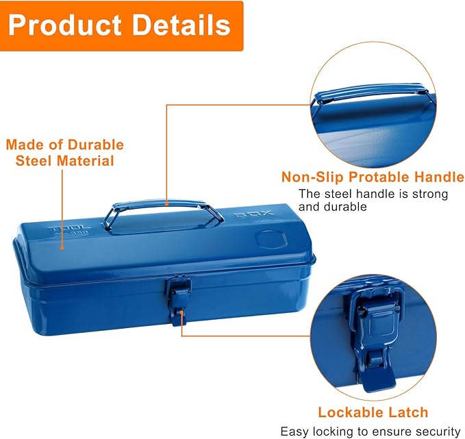 HARFINGTON Tool Box 14.2" Portable Steel Tool Box Hip Roof Style with Metal Latch Closure Tool Chest for Household Workshop Car, Blue