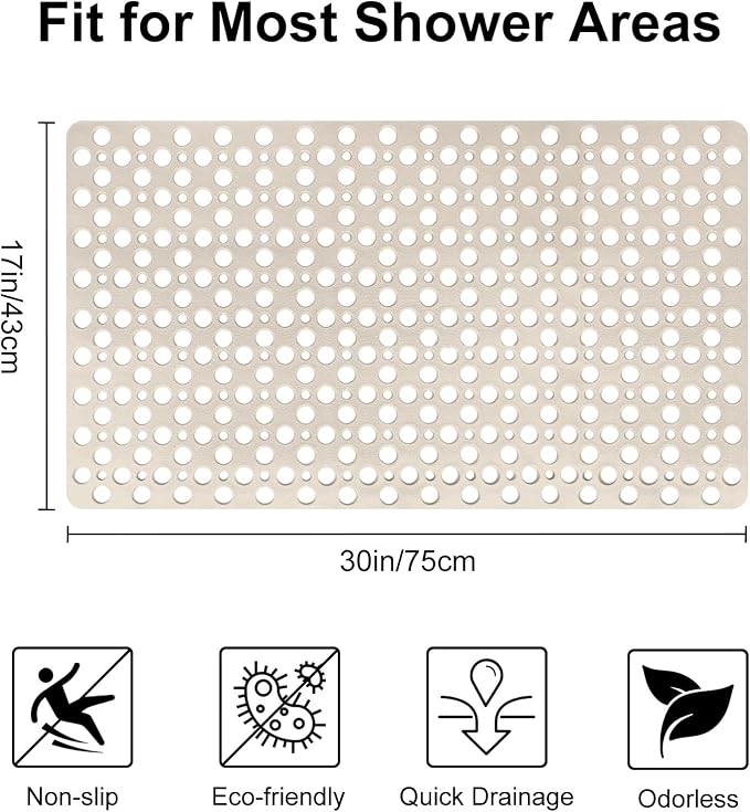 Bathtub Mat Non Slip: 30x17 inch Soft TPE Bath Mat for Tub with Suction Cups and Drain Holes, Efficient Drainage Anti Slip Shower Mats for Inside Shower, Machine Washable, Easy to Dry&Cut