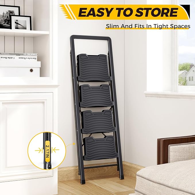 KINGRACK 4 Step Folding Ladder - Steel Step Stool with Handrail, Wide Pedal, 800 lbs Capacity – Foldable Heavy Duty Ladder for Home, Kitchen – Black