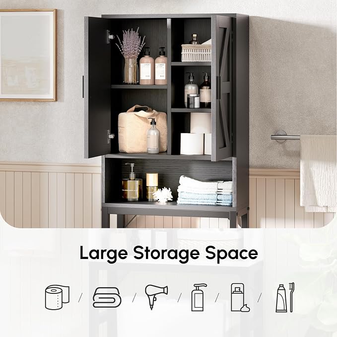 USHOWER Over The Toilet Storage Cabinet, Bathroom Organizers and Storage with Barn Doors, Thicken Metal Stand & MDF Wood Above Toilet Storage Cabinet, Freestanding Space Saver, Black