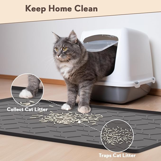 Garoopion Silicone Cat Litter Trapping Mat, Large Waterproof 34.05×22.5 inch Cat Litter Box Mat, Easy to Clean, Black