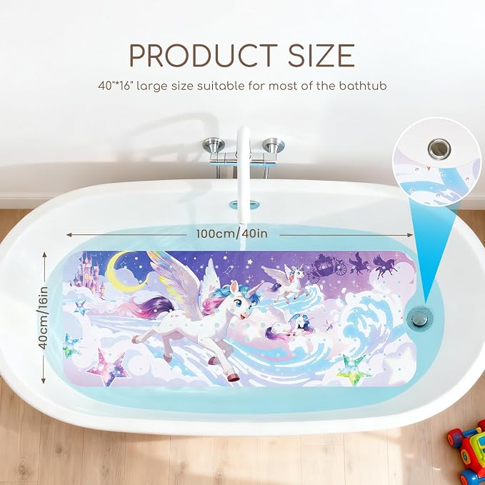 Baby Bath Mat for Tub, Non Slip Kids Bath Shower Mat, 40 X 16 Inch Large Bathtub Mat with Drain Holes and Suction Cups for Toddlers, Machine Washable and Waterproof (Unicorn)