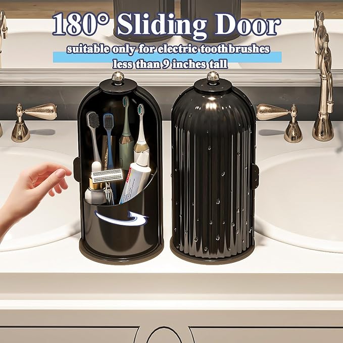 Toothbrush and Toothpaste Holders with Cover, Solid Black | Waterproof and Dustproof, 360° Rotating Base, Smooth Sliding Door, 3 Slots, for Bathroom Countertop